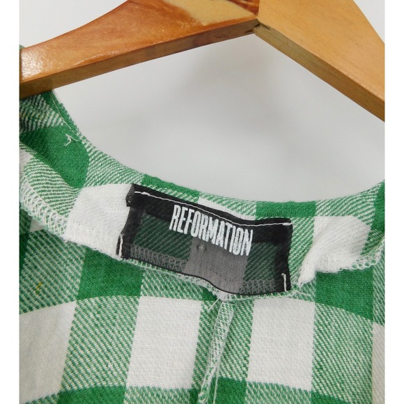 Reformation Green 100% Linen White Geneva Gingham Check Midi Dress Size 0 - Picture 5 of 8